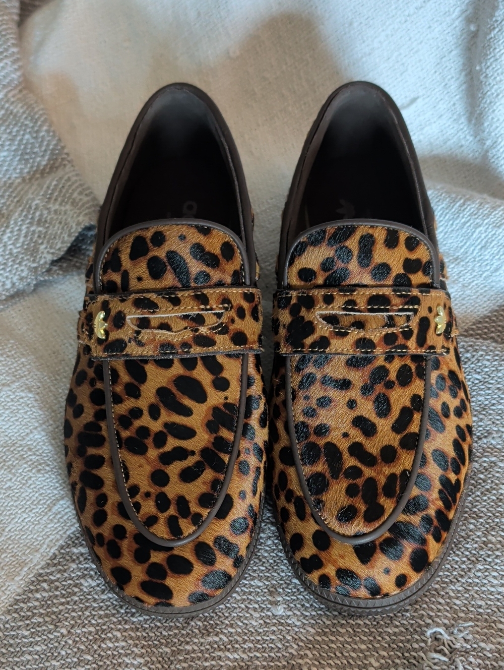 Adidas Unisex Leather Hair Leopard Print Slip-On Loafers - Brown/Black Size 7.5